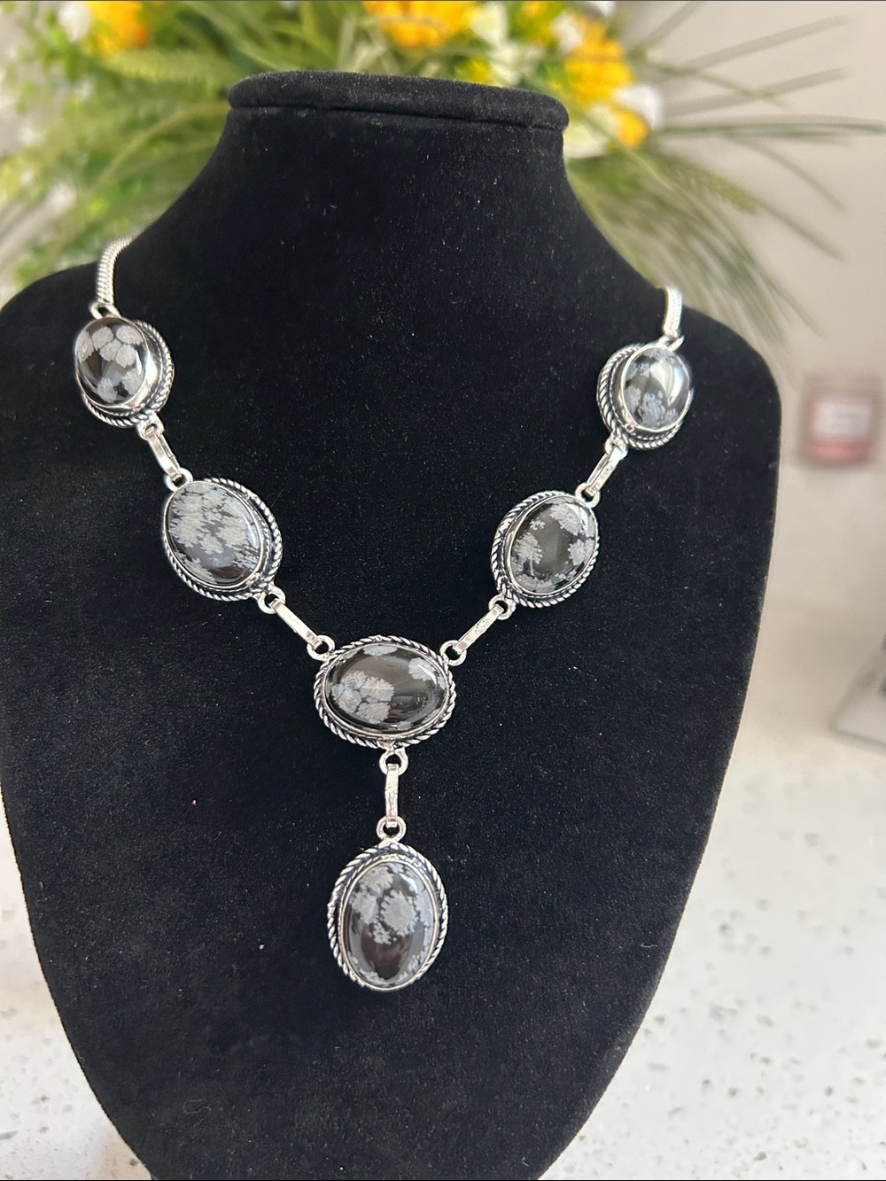 Sterling Silver Snowflake Obsidian Statement Gemstone Necklace